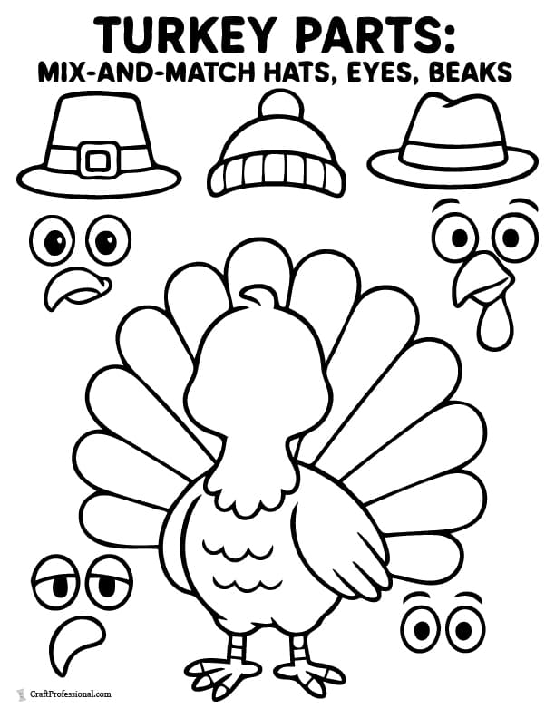 Cut and color activity sheet featuring a turkey with several different faces you can mix and match