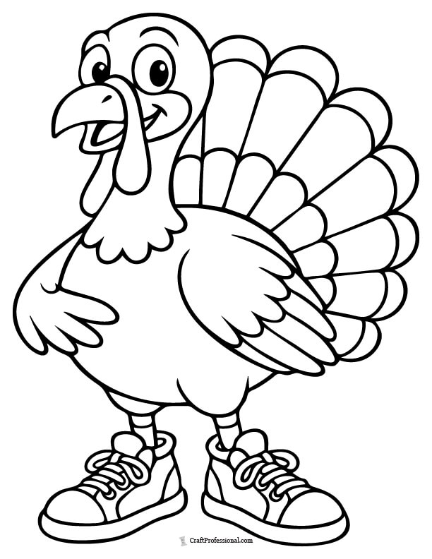 Smiling turkey wearing sneakers coloring page