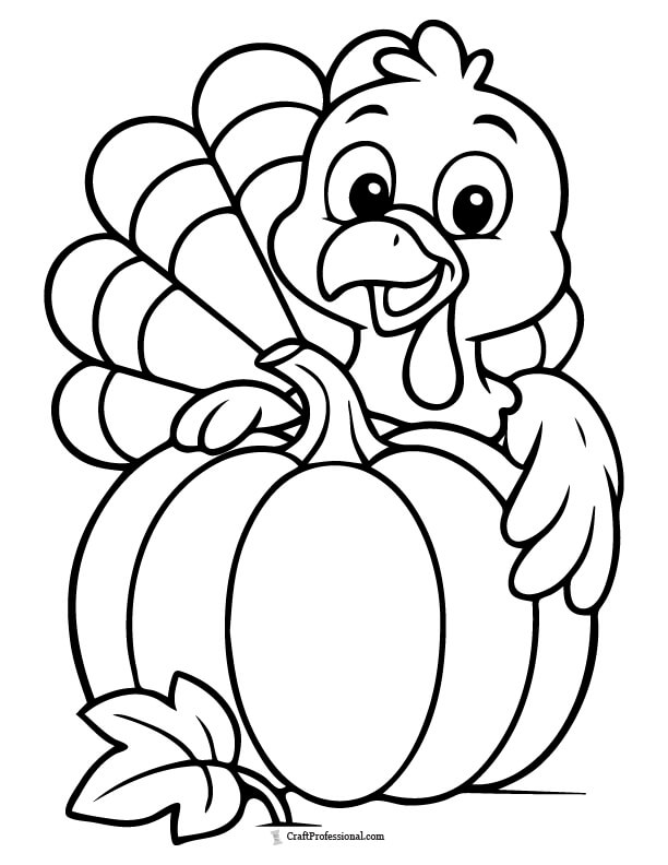 Smiling turkey peeking out behind a pumpkin, simple coloring page.