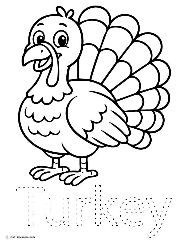 Cute cartoon turkey coloring page with text "Turkey" in dashed lines to trace.