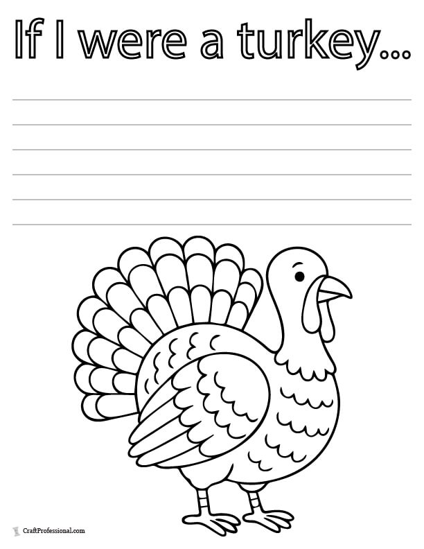 Coloring page worksheet with cartoon turkey, writing prompt, "If i were a turkey.." and lines to write a short paragraph.