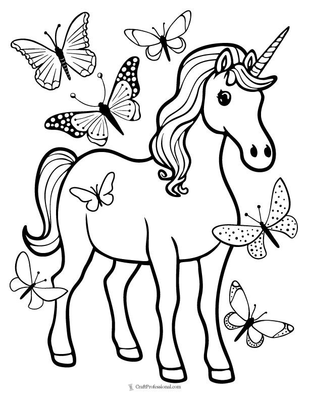 Coloring page - unicorn surrounded by butterflies