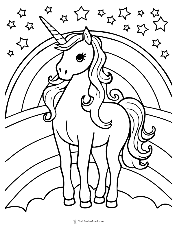 Coloring page of unicorn with a rainbow, clouds, and stars