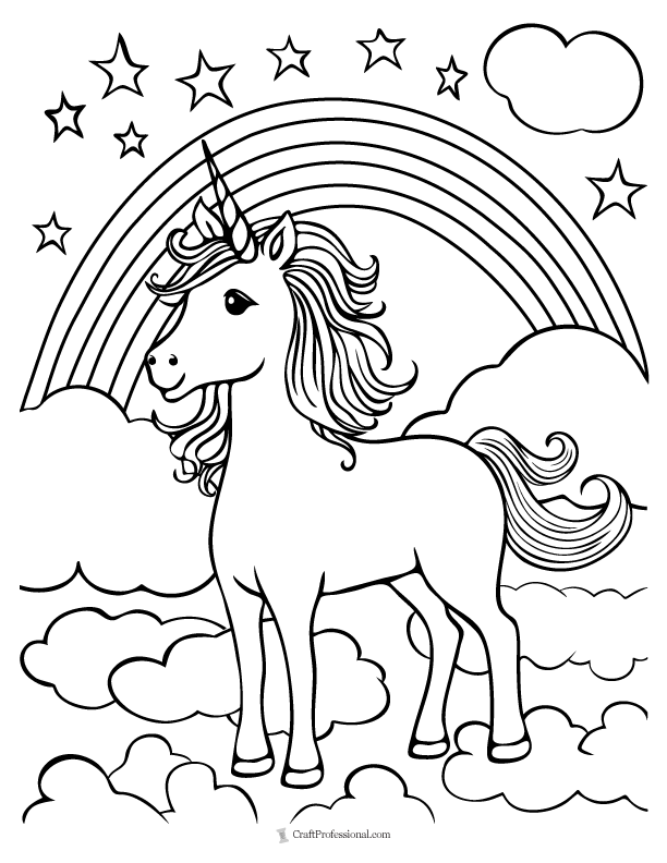 Coloring page - Unicorn standing on clouds with rainbow and stars background