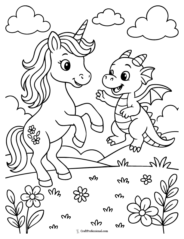 Cute unicorn coloring page sitting beside a baby dragon with their wings touching.