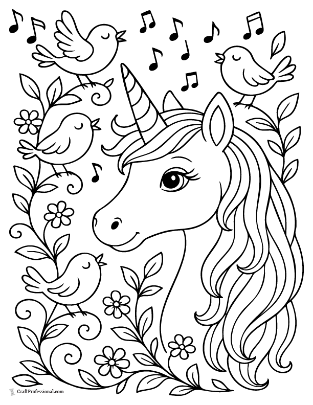 Unicorn coloring page with singing birds on its back and some birds flying around its head.