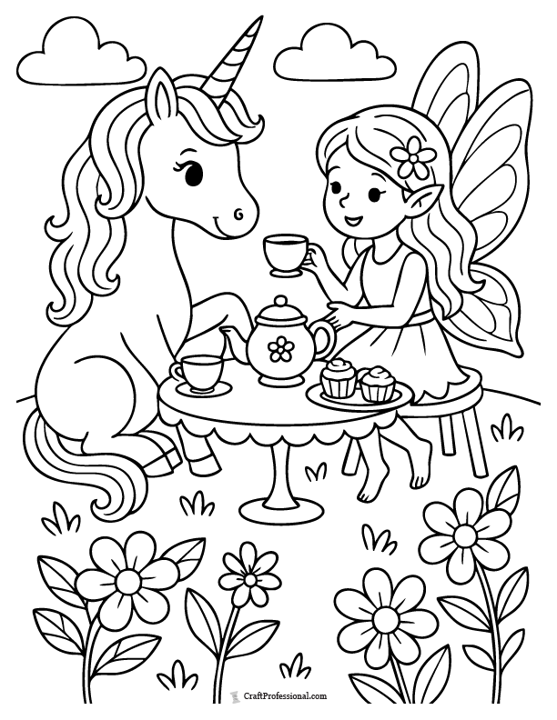 Unicorn and fairy coloring page having tea at a table with cupcakes and flower crowns Unicorn and fairy coloring page having tea at a table with cupcakes and flower crowns
