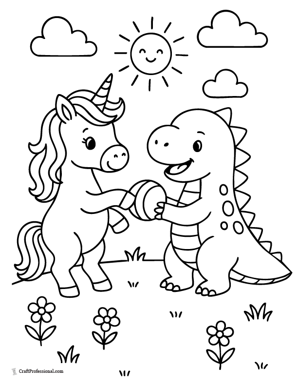 Fun unicorn coloring page featuring a friendly T-Rex beside a unicorn.