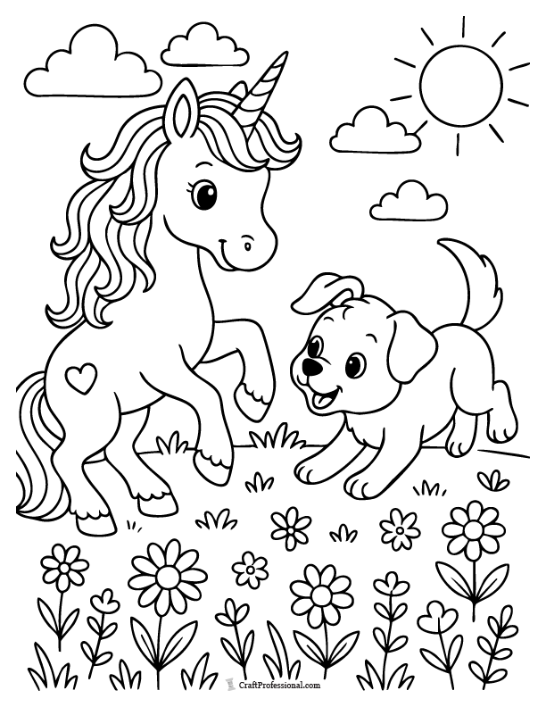 Unicorn coloring page with a playful puppy tugging on the unicorn’s mane in a meadow.