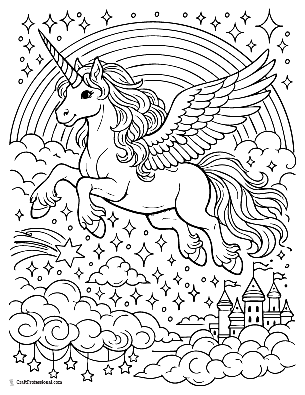 Unicorn flying through a glittering rainbow in a fantasy rainbow coloring page.