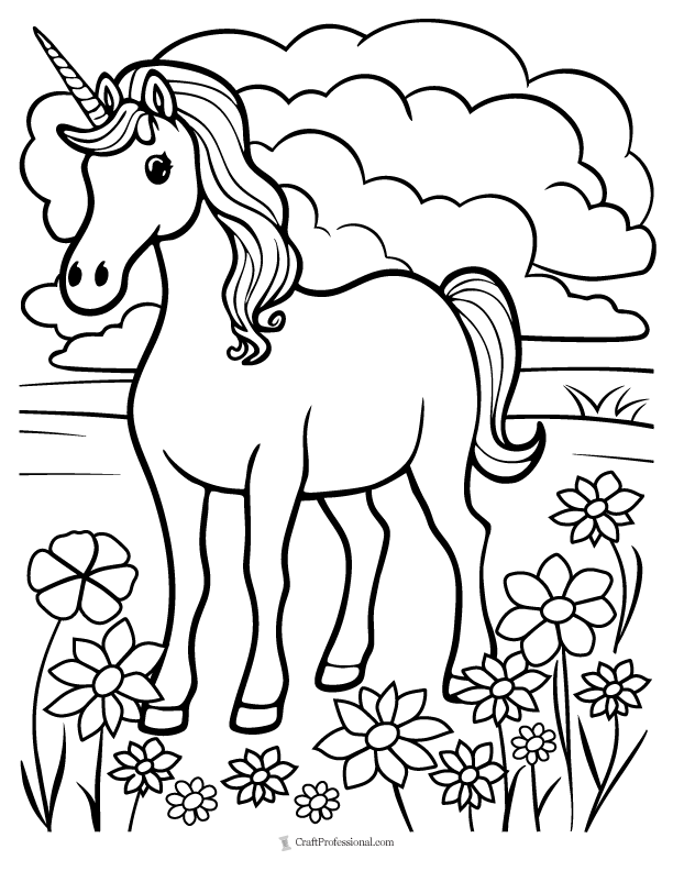 Coloring page - unicorn in a flower meadow