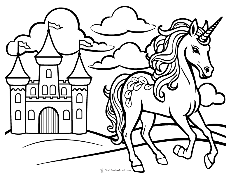 Unicorn and fairy tale castle simple coloring page