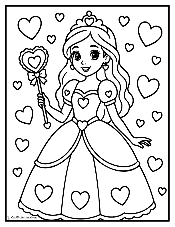 Valentine princess coloring page with hearts