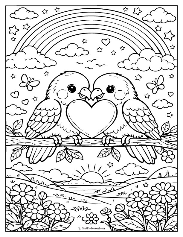 Valentine's Day coloring page with two birds sharing a heart on a rainbow-colored perch.