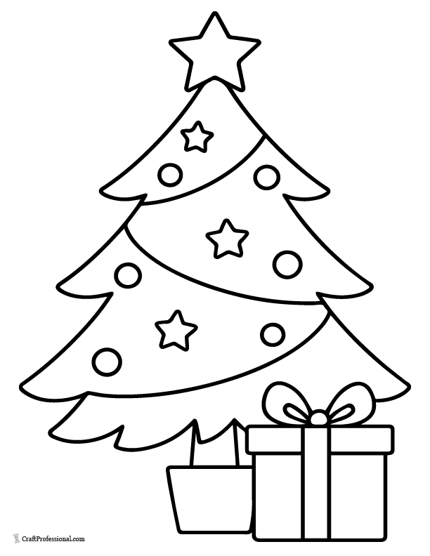 Easy Christmas tree with one big gift coloring page.