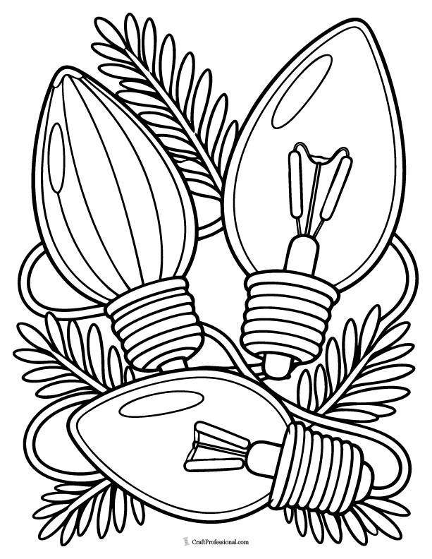 Realistic vintage C7 and C9 Christmas light bulbs coloring page.