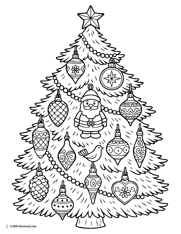 Vintage ornaments tree coloring page.