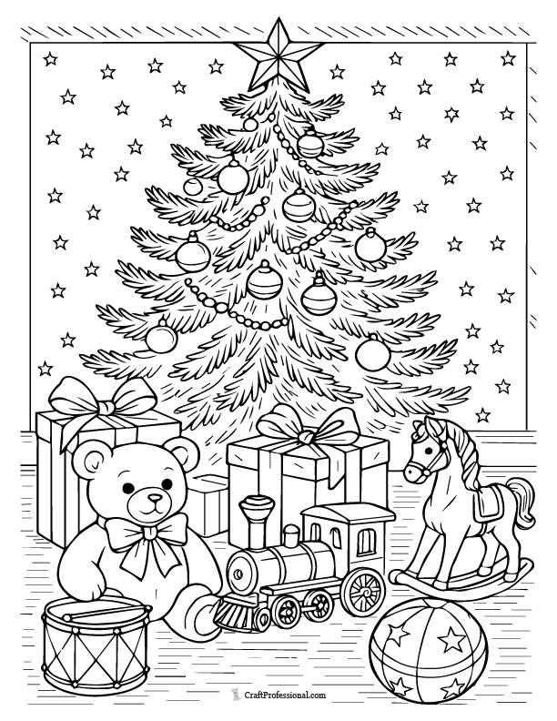 Vintage toy gifts arranged under a Christmas tree, coloring page.