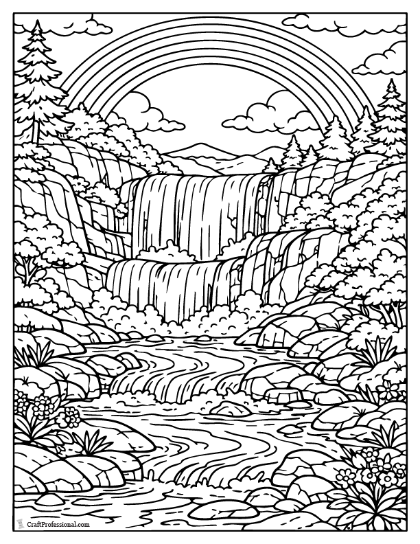 Rainbow mist rising from a natural waterfall in a scenic coloring page.