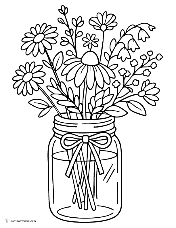Wildflower bouquet coloring page in mason jar with ribbon and leaves.