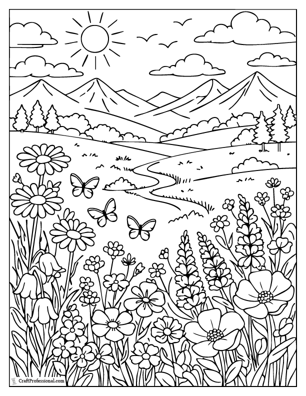 Wildflower meadow coloring page with multiple blooms in natural landscape.