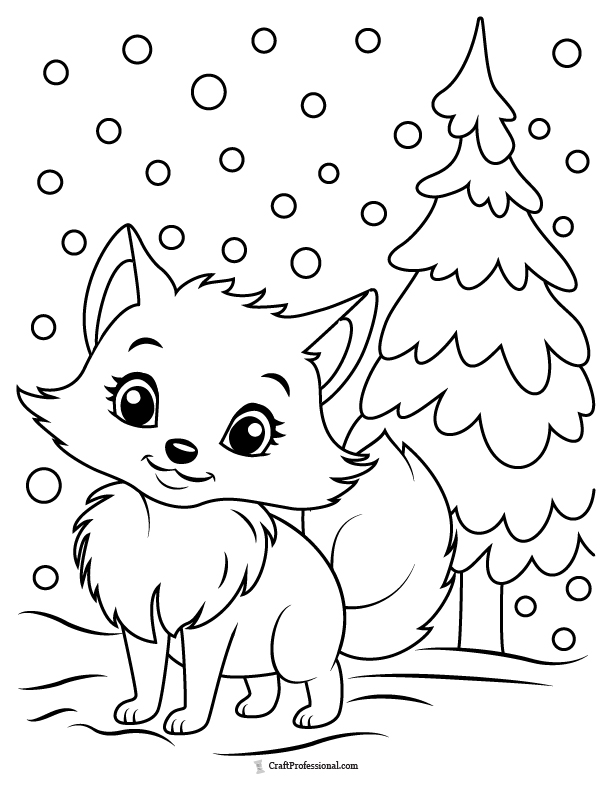 Coloring Page: Smiling cartoon arctic fox standing in front of evergreen trees amid falling snow.