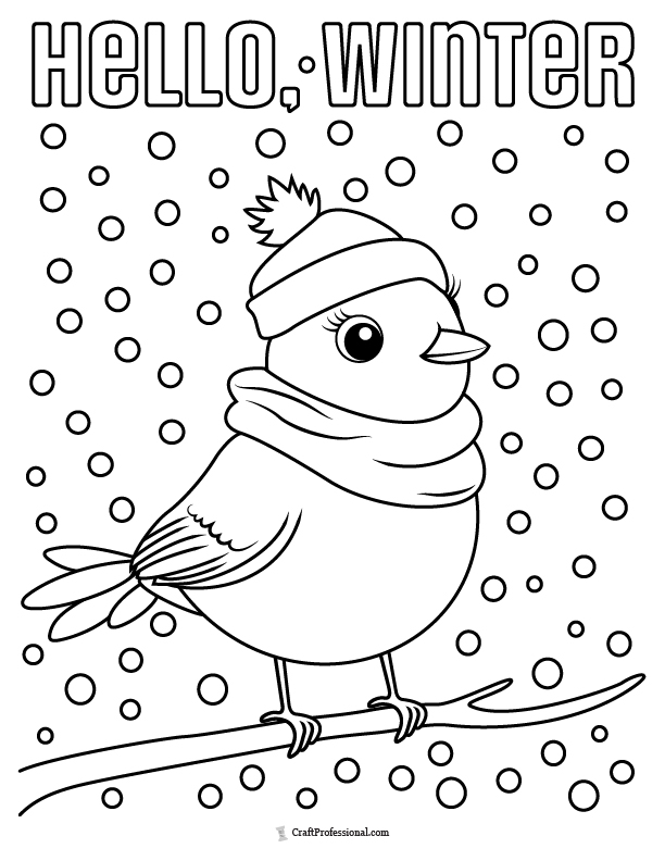 Coloring Page: Bird wearing a hat and scarf, perched on a tree branch as snow falls, with text Hello, Winter.