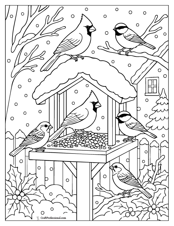 Winter birds coloring page with cardinals, chickadees, and sparrows gathered at a snowy bird feeder.