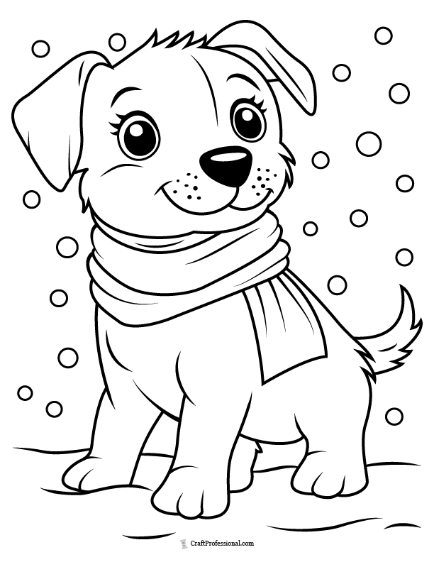 Cute cartoon dog in winter coloring page.