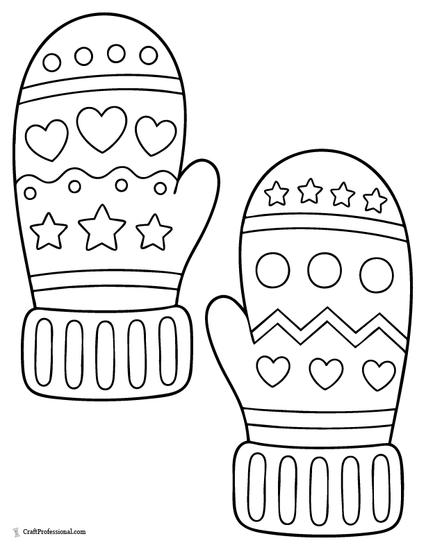 Winter mittens matching coloring page with large patterned mittens for young children.