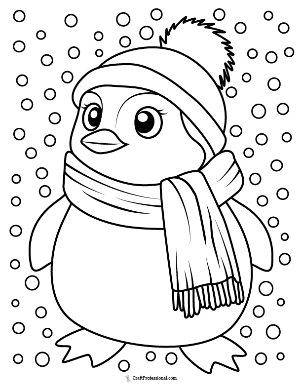Coloring Page: Penguin wearing a winter hat, standing amid falling snow.