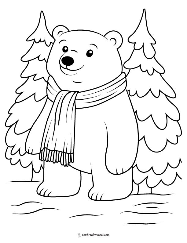 Coloring Page: Smiling polar bear wearing a scarf and standing in front of two evergreen trees.