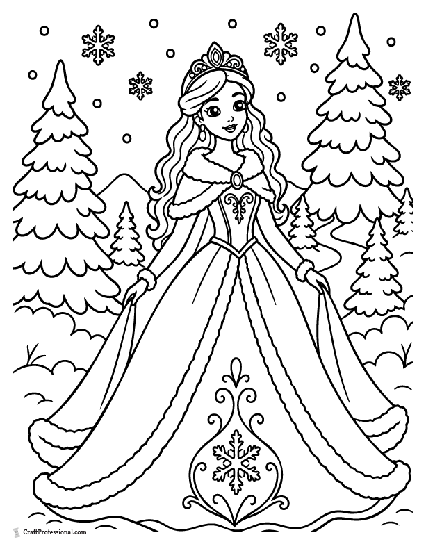 Winter princess coloring page in a snow scene