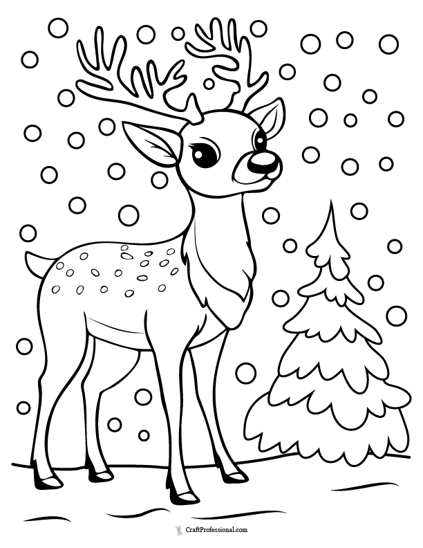Coloring Page: Reindeer standing in front of an evergreen tree amid falling snow.