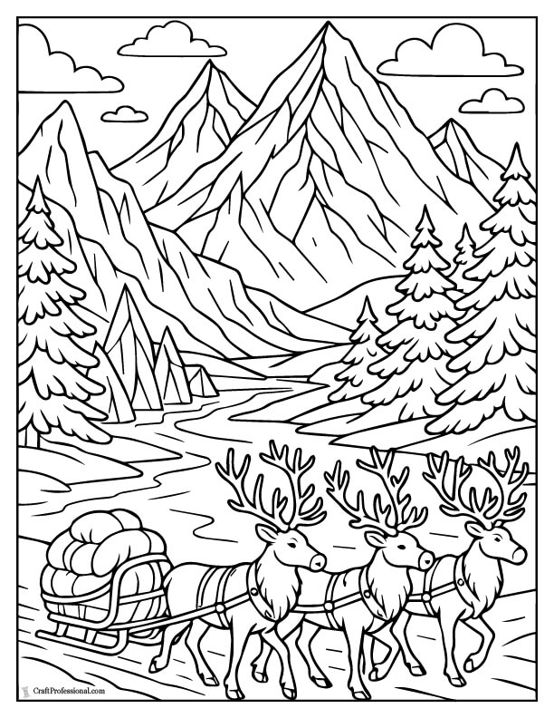 Icy mountain scene with a reindeer caravan coloring page for adults