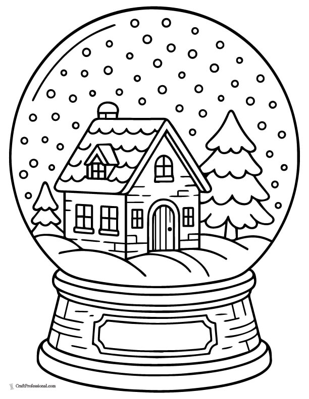 Snow globe with mini house and falling flakes coloring sheet