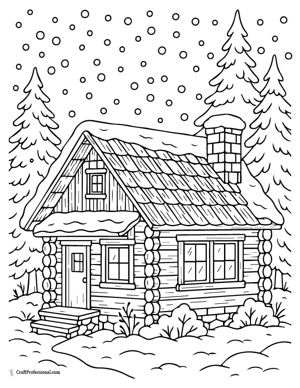 Cozy cabin under snowfall with wood-textured roof detailed coloring page