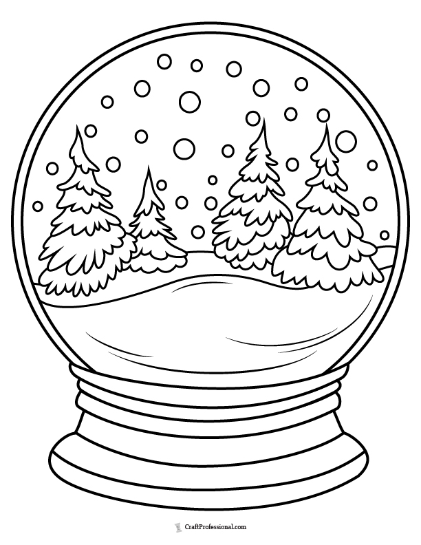 Snow globe with four evergreen trees coloring page