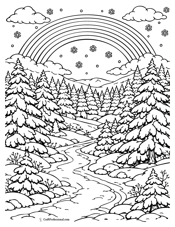 Winter rainbow coloring page with snow-covered trees beneath a pale rainbow sky.