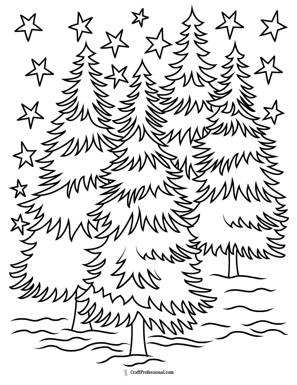 Coloring Page: Four evergreen trees in winter, surrounded by stars.