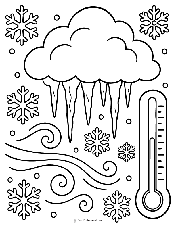 Winter weather coloring page with snow clouds, snowflakes, icicles, wind, and a thermometer.