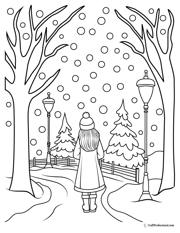 Coloring Page: Girl walking down a path in winter amid trees and street lights as snow falls