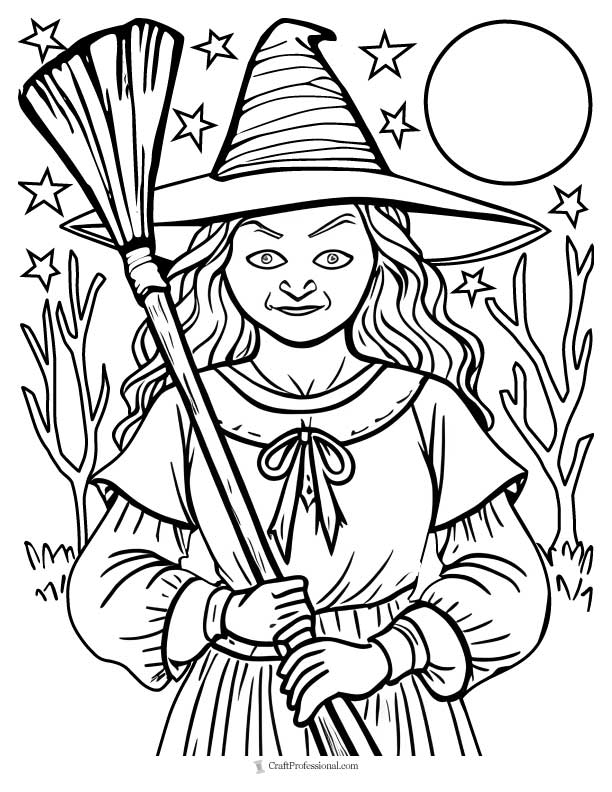 Coloring sheet of a witch holding a broomstick with spooky trees, the moon, and stars in the background