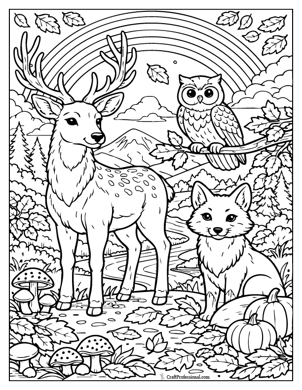 Woodland animals under a fall rainbow in this forest rainbow coloring page.