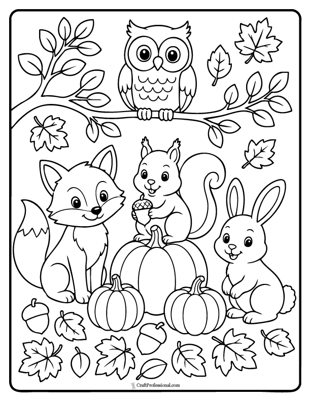 Woodland animals Thanksgiving coloring page with a festive autumn theme.