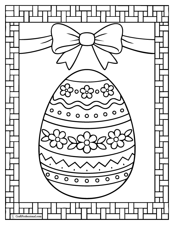 Easter egg coloring page framed with a woven basket-style border.