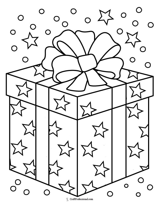 Present topped with a bow and wrapped in star-patterned paper coloring page