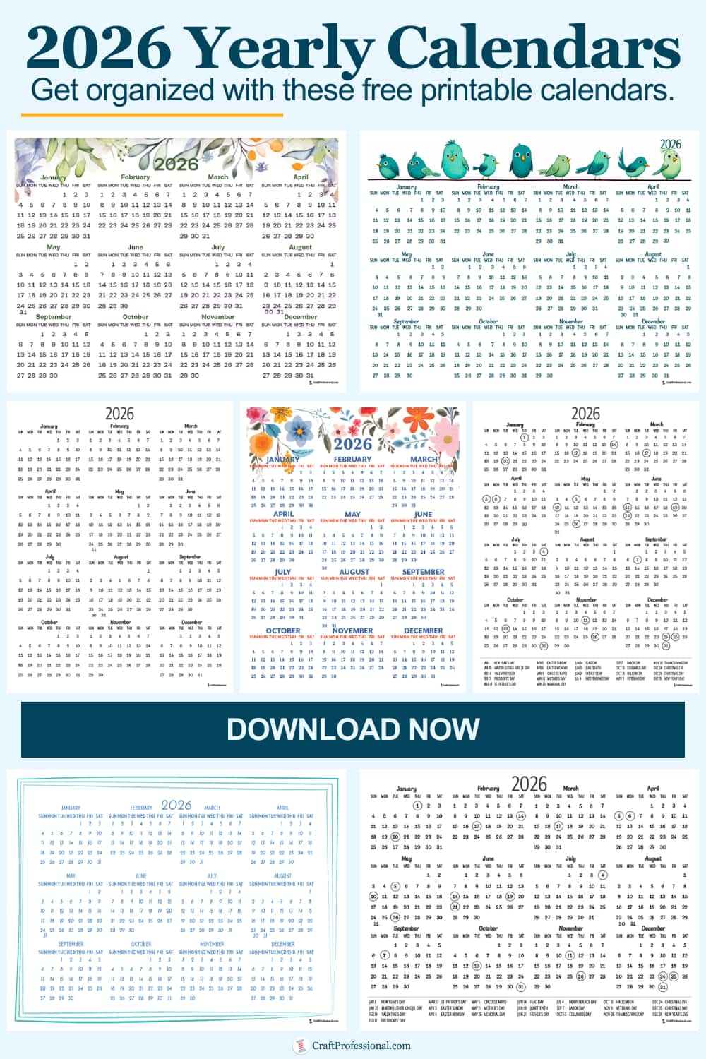 Yearly calendar printable collage for 2026 showing different colorful and simple one page designs with text overlay that reads "2026 Printable Calendars. Get organized with these printable calendars."