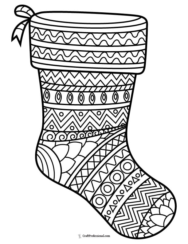 Christmas stocking with detailed zentangle pattern coloring page