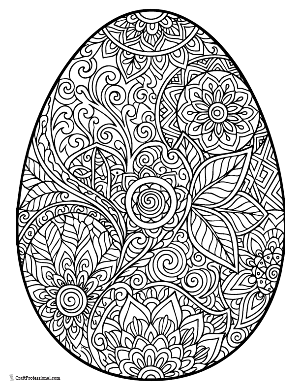 Detailed zentangle-style patterned Easter egg coloring page.